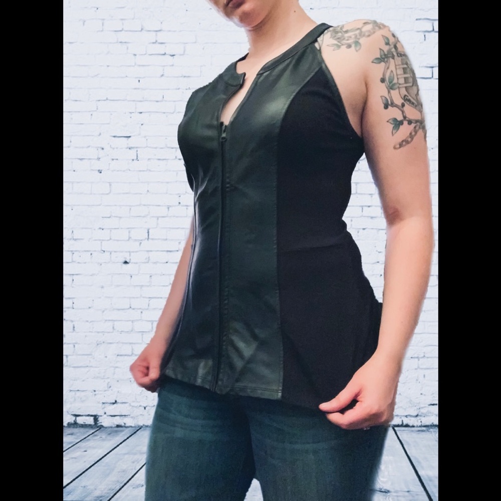 Venus Sleeveless Black Faux Leather Zip Top